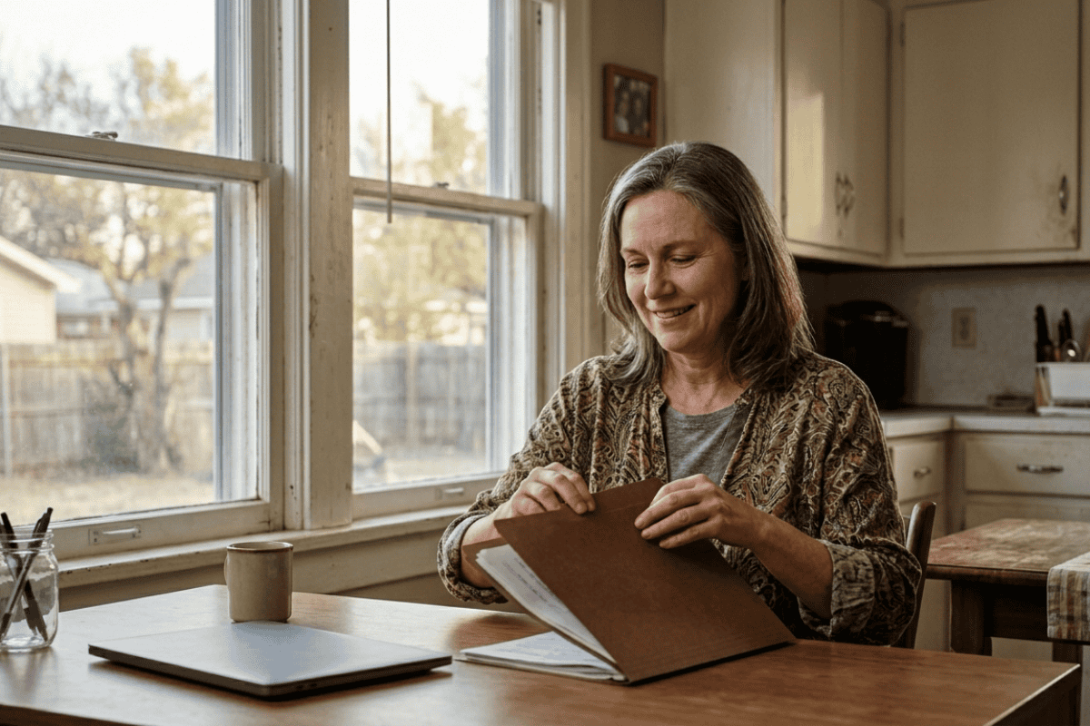 Woman sits at a wooden kitchen table, smiling as she opens a brown binder with papers inside.