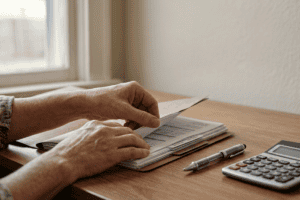 A detailed close-up shot of an elderly person's hands with wrinkled skin, wearing a patterned blouse, as they sort through financial papers and documents inside a brown manila folder. The hands are lifting the top page. A silver pen and a small desk calculator are positioned to the right on the wooden desk. Soft natural daylight comes from a window in the background of this clean, plain workspace. The focus is sharp on the hands and paperwork.