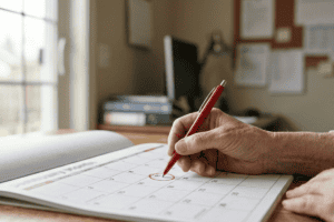 elderly-woman-circling-date-on-calendar-home-office - Zeiders Law Group | Tulsa Tax Resolution Lawyer A hand with a red pen circles a date on a desk calendar laid open on a wooden surface.