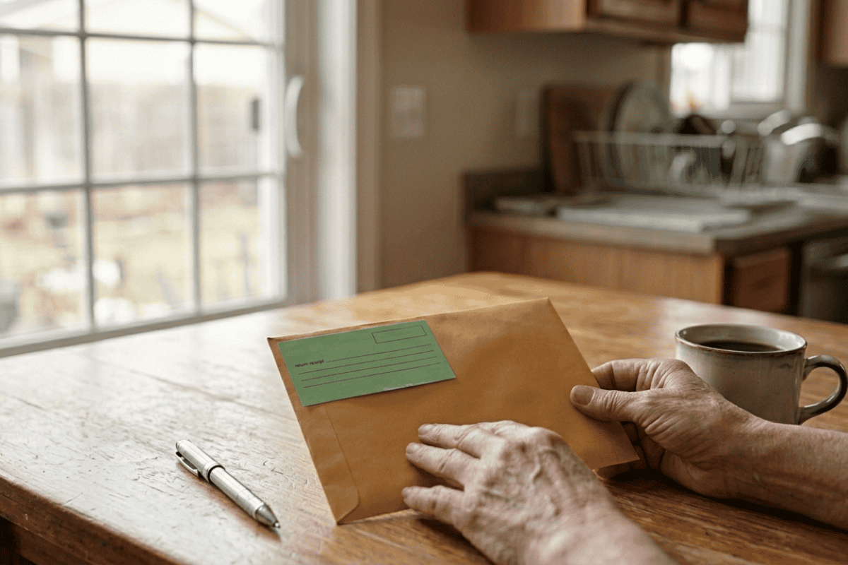 Hands holding a brown envelope with a green return label on a wooden kitchen table, with a pen and a mug nearby. Reassuring morning light from a window in the background.