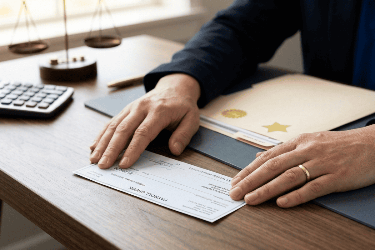 Two hands flatten a legal form on a wooden desk, with a scale of justice and calculator in view.