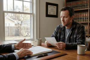A concerned man in a plaid shirt sits across a wooden desk from an attorney gesturing toward financial documents during a professional legal consultation in an office with bookshelves.