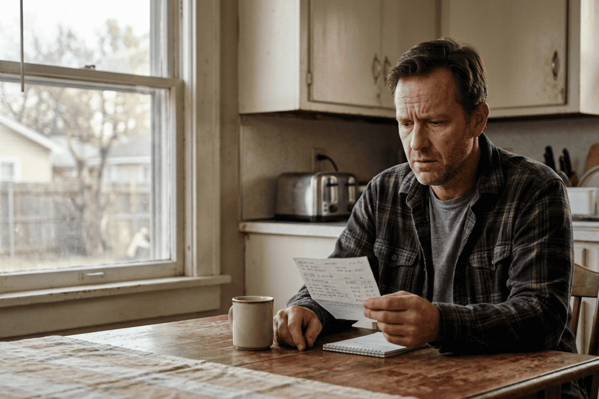 Man in a plaid shirt sits at a wooden kitchen table, reading a handwritten letter with a mug and spiral notebook nearby.