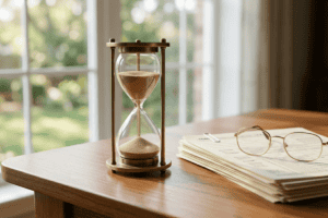 stack-of-financial-documents - Zeiders Law Group | Tulsa Tax Resolution Lawyer Bronze hourglass on a wooden desk with a stack of documents and reading glasses beside it, near a sunlit window