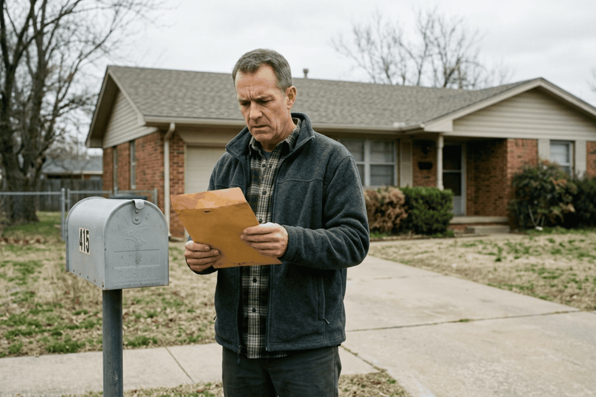 Man stands on the sidewalk in front of a brick house, reading a manila envelope beside a grey mailbox labeled 415.