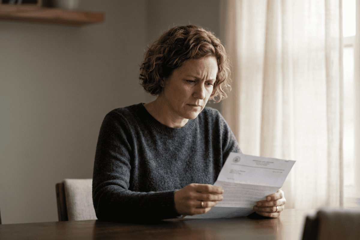 Woman with short curly hair reads a document at a wooden table by a sunlit window, wearing a dark gray sweater.