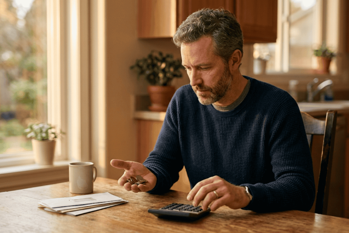 Man counts coins at a wooden kitchen table, with a calculator and envelopes nearby. A mug sits to the left as he concentrates on finances.
