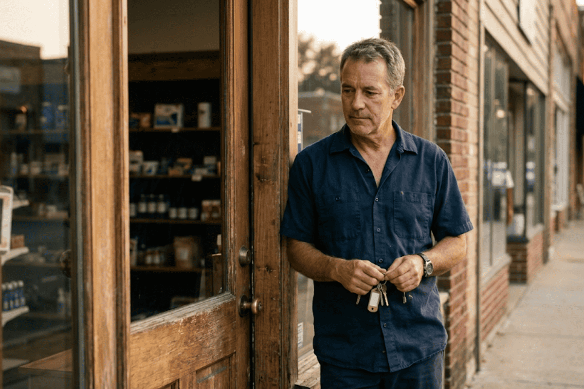 Middle-aged man in a navy shirt stands in the doorway of a wooden storefront, holding a set of keys in his hands.