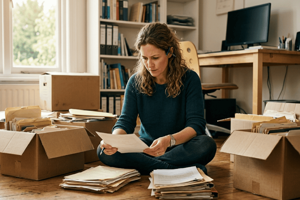 Woman sitting cross‑legged on a wooden floor, sorting stacks of papers amid moving boxes in a home office.