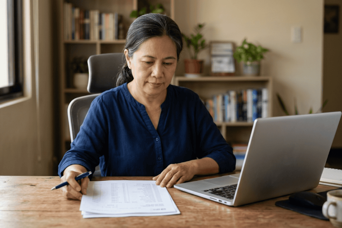 first-time-penalty-abatement-reuse - Zeiders Law Group | Tulsa Tax Resolution Lawyer Woman sits at a wooden desk, reviewing documents with a pen beside a silver laptop in a home office setting.