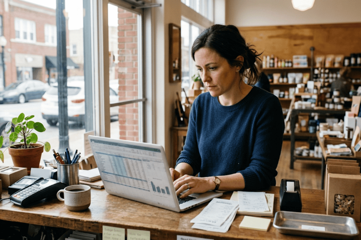 Woman in a blue sweater typing on a laptop at a wooden counter inside a shop, with a plant, pens, and papers nearby.