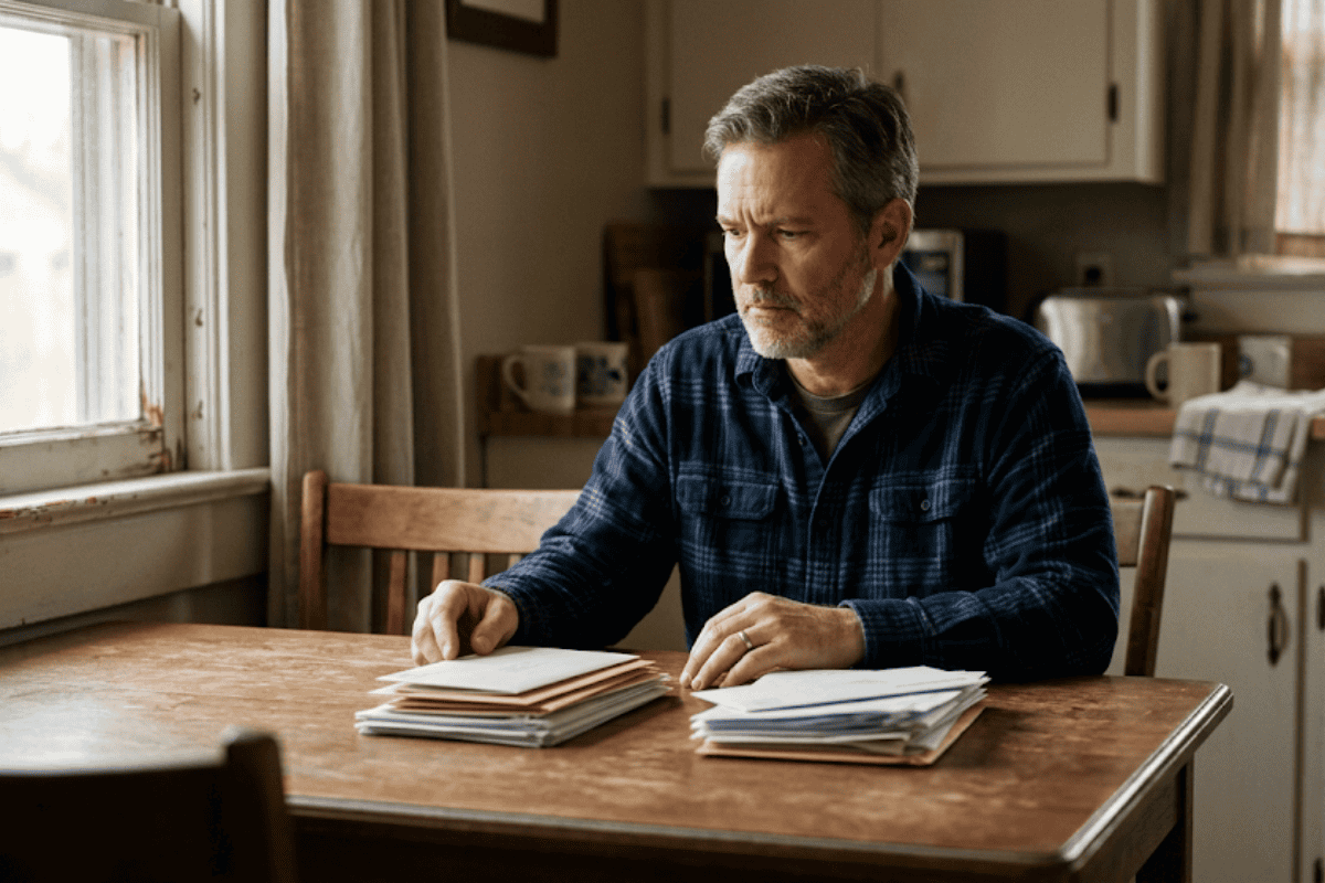Man in a blue plaid shirt sits at a wooden kitchen table, sorting through envelopes and stacks of mail.