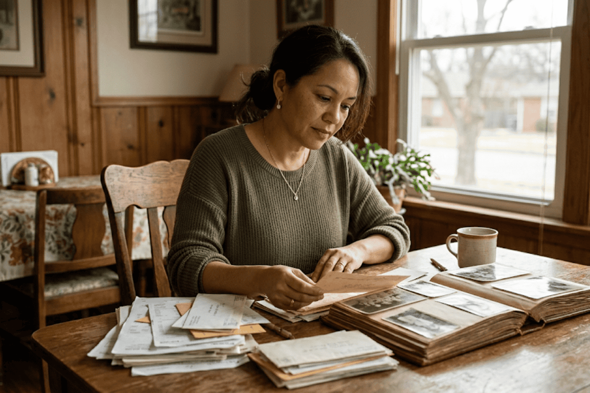 Woman in an olive sweater sits at a wooden table, sorting through old letters and photos, by a sunlit window.