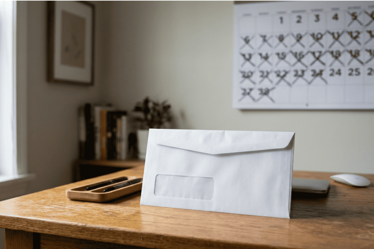 White envelope standing upright on a wooden desk with a calendar on the wall in the background showing crossed-out dates.
