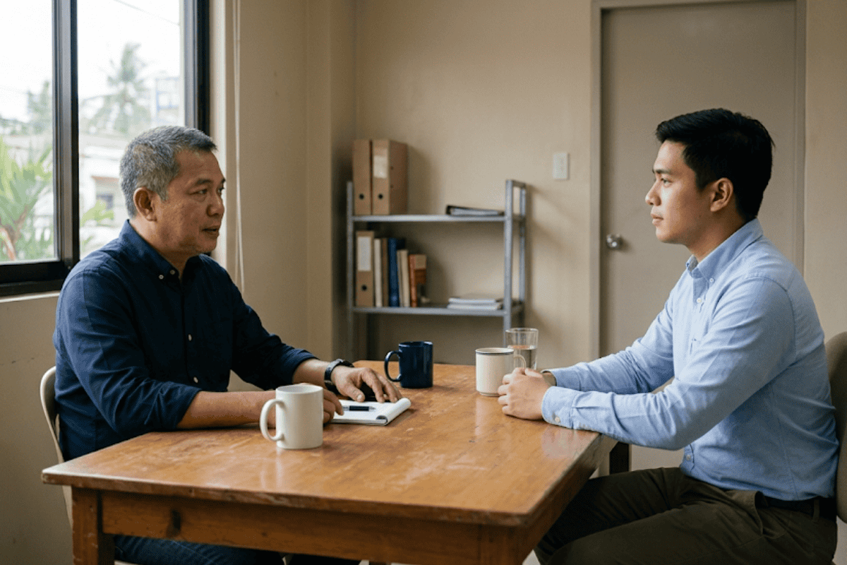 Two men sit across from each other at a wooden table in a sunlit office, with mugs and a notebook between them while they talk.