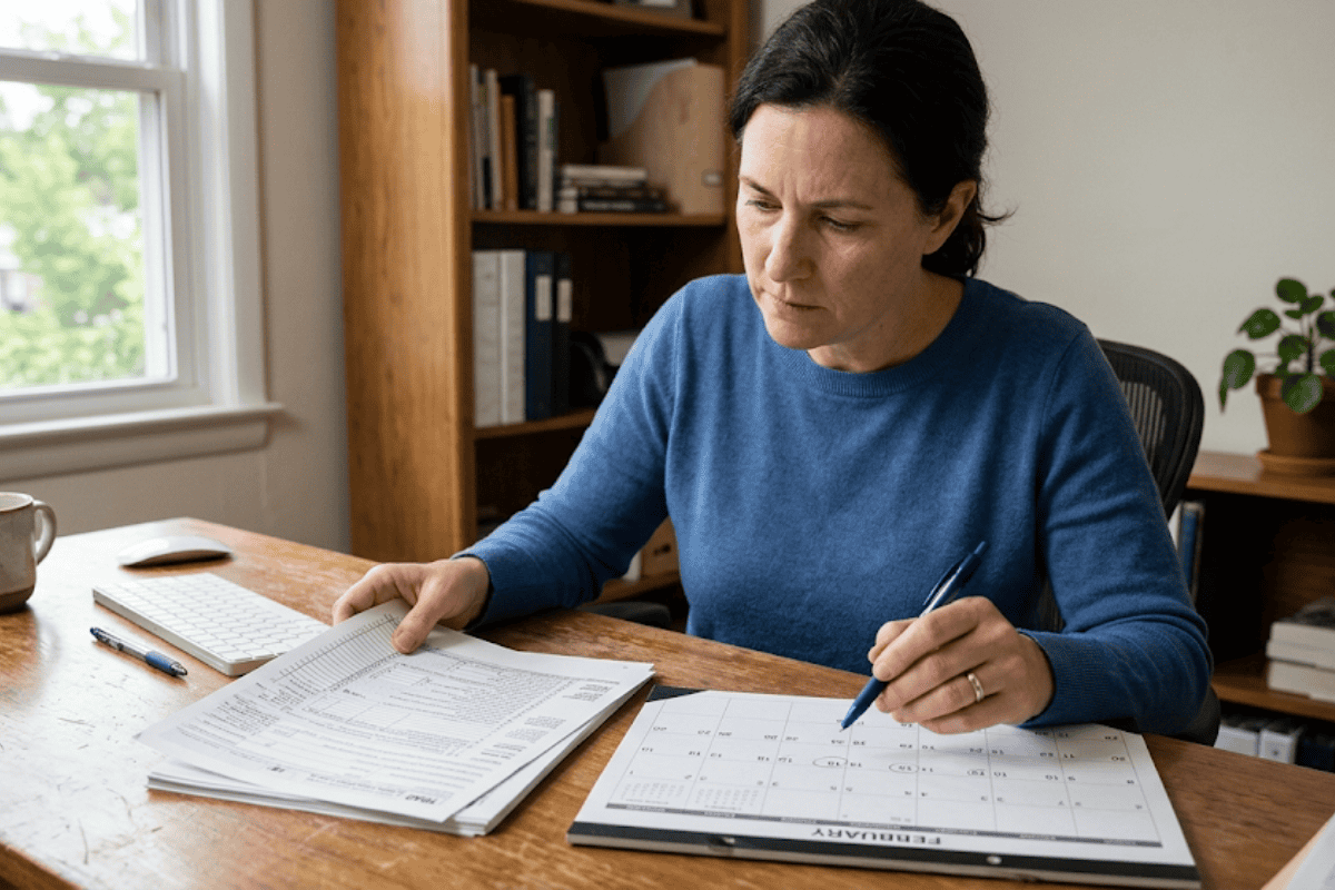 Woman in a blue sweater sits at a wooden desk, reviewing documents and marking a calendar with a blue pen in a home office setup.