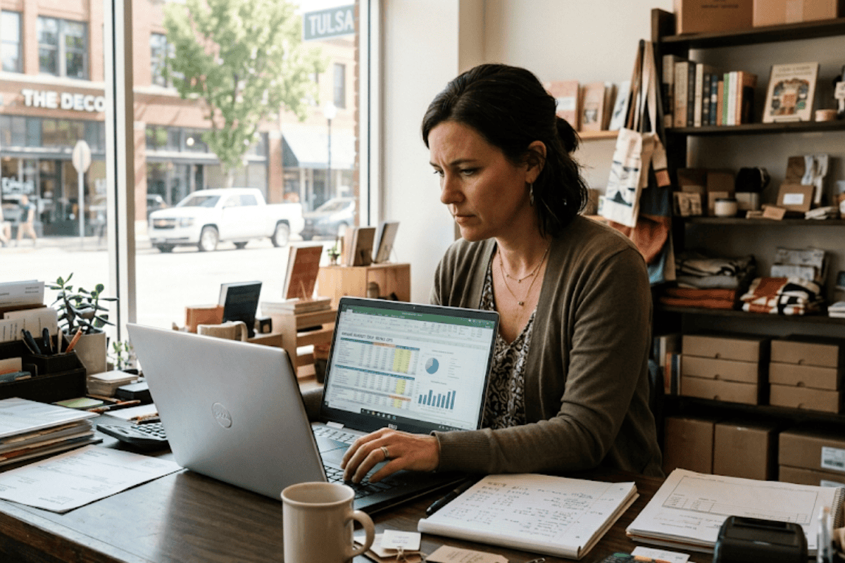 Woman in a green cardigan focused on a laptop displaying charts and graphs at a cluttered desk in a shop-like office window view behind her.