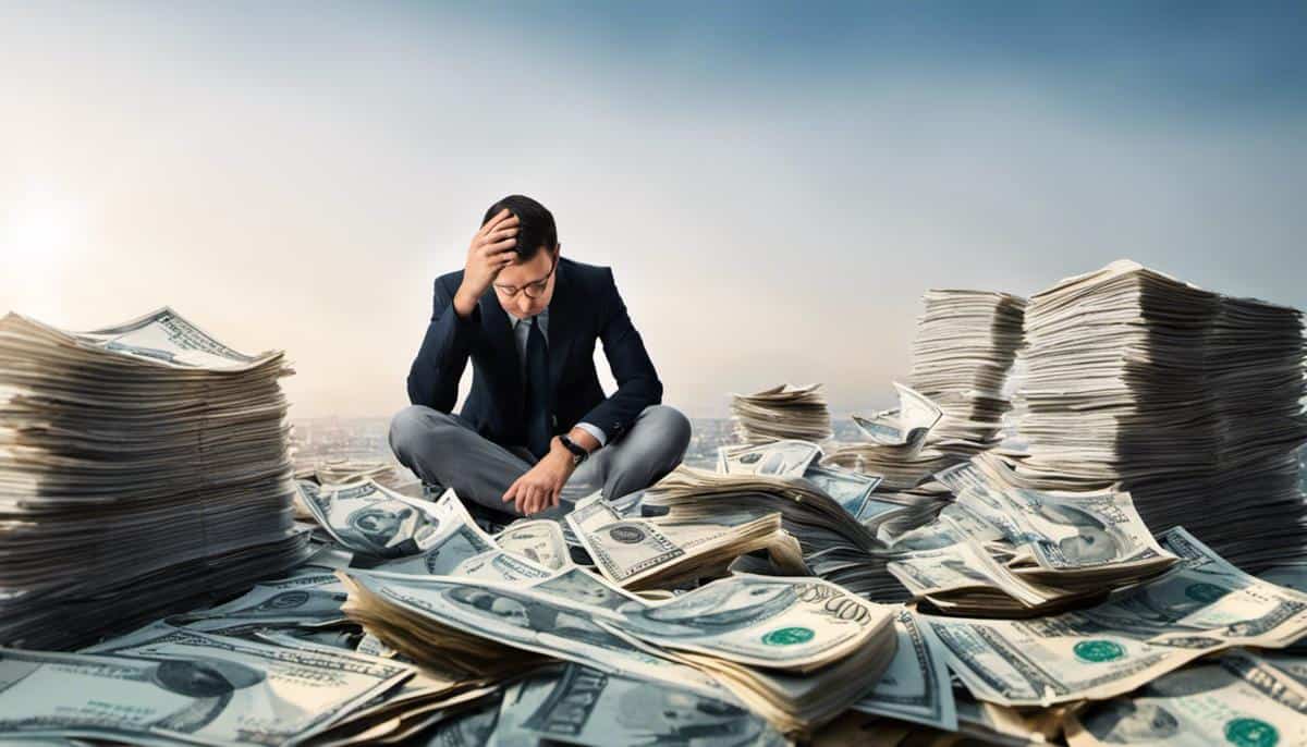 A person stressed and looking at a pile of bills representing tax debt for a visually impaired individual